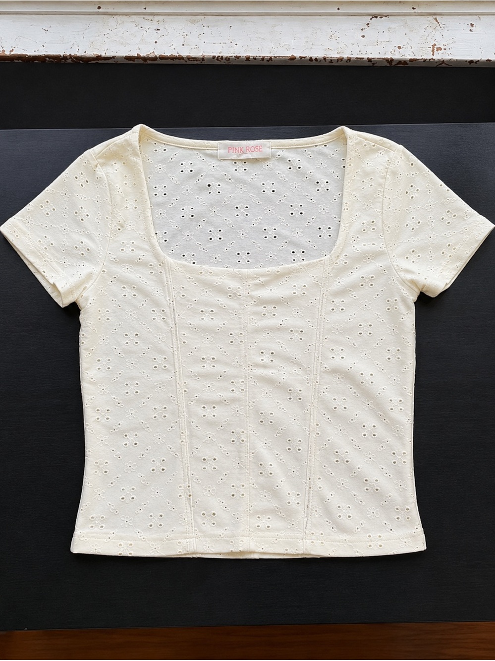 Pink Rose Cream Eyelet Square-Neck Short Sleeve Top